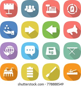 flat vector icon set - billboard vector, group, cashbox, battery charge, chemical industry, right arrow, left, megafon, delivery, sms, heavy, iron board, factory, spatula, soil cutter