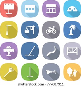 flat vector icon set - billboard vector, market, dome house, outdoor light, loading, bike, palm, restaurant, rake, sickle, farm fence, blower, garden cleaning