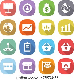 flat vector icon set - billboard vector, target audience, money bag, circle diagram, statistics, presentation, graph up, clipboard, add to basket, delete cart, market, store signboard