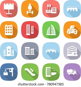 flat vector icon set - billboard vector, hoverboard, store, bridge, building, skyscrapers, skyscraper, modern architecture, district, office, loading, escalator, hotel, sweeper