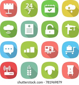 flat vector icon set - billboard vector, 24 7, calendar, cloud service, wireless, recipe, unlock, tower crane, sms, sorting, trailer, baggage trolley, router, spike, mushroom, hive