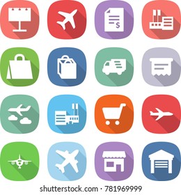 flat vector icon set - billboard vector, plane, account balance, store, shopping bag, delivery, atm receipt, journey, mall, cart, airplane, shop, garage