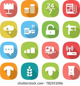 flat vector icon set - billboard vector, coin stack, 24 7, newspaper, cloud service, mall, unlock, tower crane, sms, sorting, trailer, router, mushroom, spike, hive