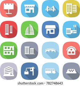 flat vector icon set - billboard vector, shop, bridge, houses, skyscrapers, skyscraper, mall, modular house, district, office, loading, bus, taxi