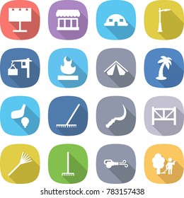 flat vector icon set - billboard vector, market, dome house, outdoor light, loading, flammable, tent, palm, golf, rake, sickle, farm fence, blower, garden cleaning