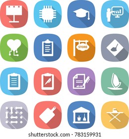 flat vector icon set - billboard vector, chip, graduate hat, presentation, cardio, clipboard, store signboard, under construction, pen, inventory, windsurfing, circuit, cutting board, utility room