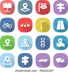 flat vector icon set - billboard vector, pointer, shop signboard, singlepost, bike, drawbridge, outdoor light, road, geo pin, map, traffic, signpost, speed train, sweeper