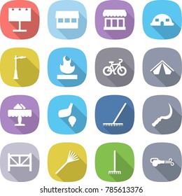 flat vector icon set - billboard vector, market, dome house, outdoor light, flammable, bike, tent, restaurant, golf, rake, sickle, farm fence, blower