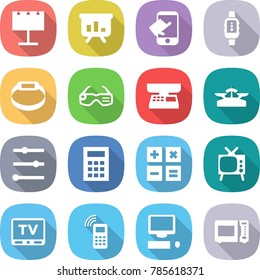 flat vector icon set - billboard vector, presentation, touch, smart watch, bracelet, glasses, market scales, equalizer, calculator, tv, mobile phone, computer, microwave oven