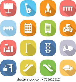 flat vector icon set - billboard vector, gyroscooter, hoverboard, bridge, building, skyscraper, modern architecture, city, outdoor light, traffic, scooter shipping, loading, escalator, trash truck