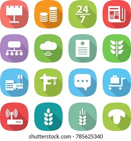 flat vector icon set - billboard vector, coin stack, 24 7, newspaper, structure, cloud wireless, recipe, spikelets, mall, tower crane, sms, baggage trolley, router, spike, mushroom