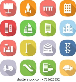 flat vector icon set - billboard vector, hoverboard, bridge, building, skyscrapers, skyscraper, city, outdoor light, office, traffic, scooter shipping, escalator, hotel, trash truck