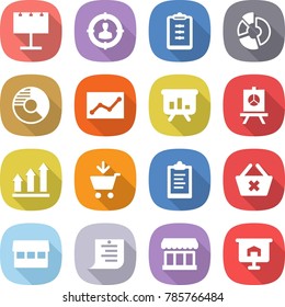 flat vector icon set - billboard vector, target audience, clipboard, circle diagram, statistics, presentation, graph up, add to cart, delete, market, shopping list