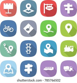 flat vector icon set - billboard vector, pointer, shop signboard, singlepost, bike, under construction, geo pin, route, traffic light, map, train, signpost, speed, sweeper
