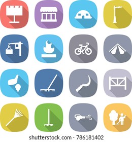 flat vector icon set - billboard vector, market, dome house, outdoor light, loading, flammable, bike, tent, golf, rake, sickle, farm fence, blower, garden cleaning