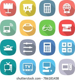 flat vector icon set - billboard vector, presentation, calculator, notebook globe, wireless, smart bracelet, glasses, market scales, equalizer, tv, computer, microwave oven