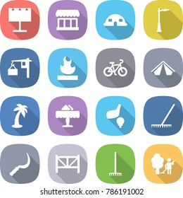 flat vector icon set - billboard vector, market, dome house, outdoor light, loading, flammable, bike, tent, palm, restaurant, golf, rake, sickle, farm fence, garden cleaning