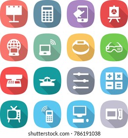 flat vector icon set - billboard vector, calculator, touch, presentation, notebook globe, wireless, smart bracelet, glasses, market scales, equalizer, tv, mobile phone, computer, microwave oven