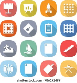 flat vector icon set - billboard vector, presentation, hoverboard, chip, cpu, under construction, clipboard, pallet, surfer, windsurfing, cutting board, stairs, magnetic field, iron