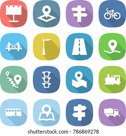 flat vector icon set - billboard vector, pointer, singlepost, bike, bridge, outdoor light, road, geo pin, route, traffic, map, train, bus, signpost, sweeper