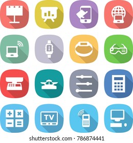 flat vector icon set - billboard vector, presentation, touch, notebook globe, wireless, smart watch, bracelet, glasses, market scales, equalizer, calculator, tv, mobile phone, computer