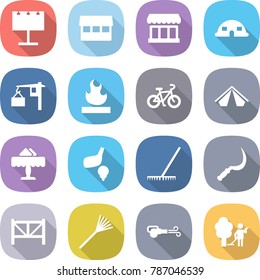 flat vector icon set - billboard vector, market, dome house, loading, flammable, bike, tent, restaurant, golf, rake, sickle, farm fence, blower, garden cleaning