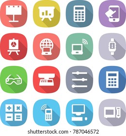 flat vector icon set - billboard vector, presentation, calculator, touch, notebook globe, wireless, smart watch, glasses, market scales, equalizer, mobile phone, computer, microwave oven