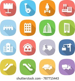 flat vector icon set - billboard vector, gyroscooter, hoverboard, store, bridge, building, skyscraper, house, scooter shipping, loading, escalator, trash truck, sweeper