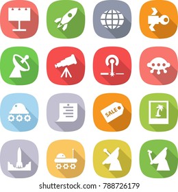 flat vector icon set - billboard vector, rocket, globe, satellite, antenna, telescope, laser, ufo, lunar rover, shopping list, sale label, photo, start