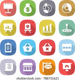 flat vector icon set - billboard vector, money bag, circle diagram, presentation, graph up, target, clipboard, add to basket, delete cart, market, shopping list, store signboard