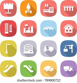flat vector icon set - billboard vector, hoverboard, store, bridge, skyscrapers, city, house, outdoor light, office, scooter shipping, loading, escalator, trash truck, sweeper