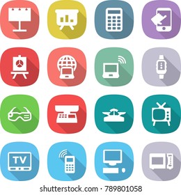 flat vector icon set - billboard vector, presentation, calculator, touch, notebook globe, wireless, smart watch, glasses, market scales, tv, mobile phone, computer, microwave oven