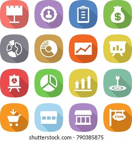 flat vector icon set - billboard vector, target audience, clipboard, money bag, circle diagram, statistics, presentation, graph up, add to cart, market, store signboard