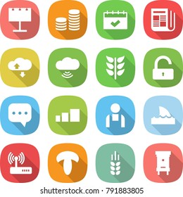 flat vector icon set - billboard vector, coin stack, calendar, newspaper, cloud service, wireless, spikelets, unlock, sms, sorting, workman, shark flipper, router, mushroom, spike, hive