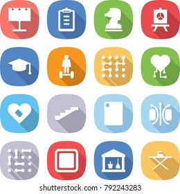 flat vector icon set - billboard vector, clipboard, chess horse, presentation, graduate hat, hoverboard, chip, cardio, pacemaker, stairs, cutting board, magnetic field, circuit, utility room, iron