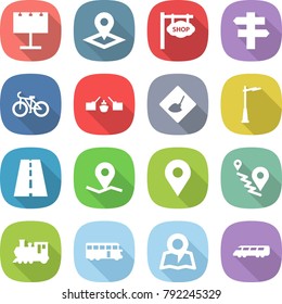 flat vector icon set - billboard vector, pointer, shop signboard, singlepost, bike, drawbridge, under construction, outdoor light, road, geo pin, route, train, bus, map, speed