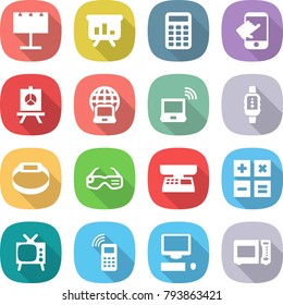 flat vector icon set - billboard vector, presentation, calculator, touch, notebook globe, wireless, smart watch, bracelet, glasses, market scales, tv, mobile phone, computer, microwave oven