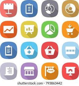 flat vector icon set - billboard vector, clipboard, circle diagram, statistics, presentation, add to cart, basket, delete, market, shopping list, store signboard