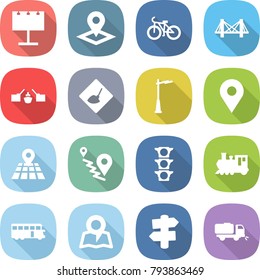 flat vector icon set - billboard vector, pointer, bike, bridge, drawbridge, under construction, outdoor light, geo pin, map, route, traffic, train, bus, signpost, sweeper