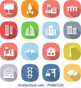 flat vector icon set - billboard vector, hoverboard, store, bridge, skyscrapers, skyscraper, building, district, city, house, outdoor light, office, traffic, loading, trash truck