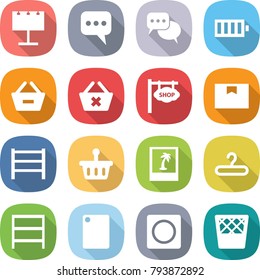 flat vector icon set - billboard vector, message, discussion, battery, remove from basket, delete cart, shop signboard, package box, rack, photo, hanger, cutting board, ring button, trash bin