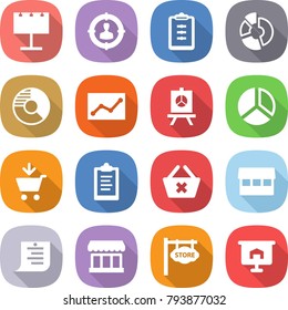 flat vector icon set - billboard vector, target audience, clipboard, circle diagram, statistics, presentation, add to cart, delete, market, shopping list, store signboard