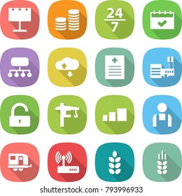 flat vector icon set - billboard vector, coin stack, 24 7, calendar, structure, cloud service, recipe, mall, unlock, tower crane, sorting, workman, trailer, router, spike
