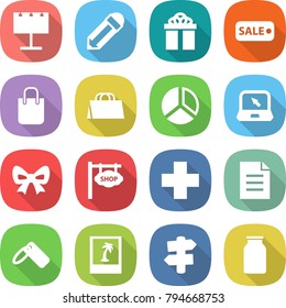 flat vector icon set - billboard vector, pencil, gift, sale, shopping bag, diagram, notebook, bow, shop signboard, cross, document, label, photo, signpost, bank