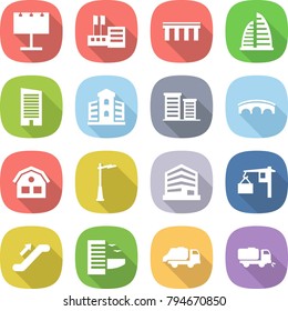 flat vector icon set - billboard vector, store, bridge, skyscraper, building, district, house, outdoor light, office, loading, escalator, hotel, trash truck, sweeper
