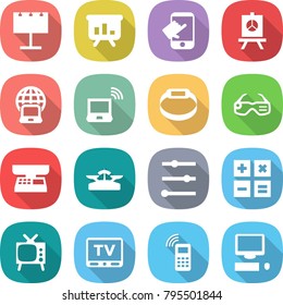 flat vector icon set - billboard vector, presentation, touch, notebook globe, wireless, smart bracelet, glasses, market scales, equalizer, calculator, tv, mobile phone, computer