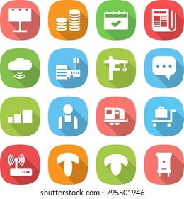 flat vector icon set - billboard vector, coin stack, calendar, newspaper, cloud wireless, mall, tower crane, sms, sorting, workman, trailer, baggage trolley, router, mushroom, hive