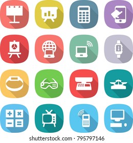 flat vector icon set - billboard vector, presentation, calculator, touch, notebook globe, wireless, smart watch, bracelet, glasses, market scales, tv, mobile phone, computer