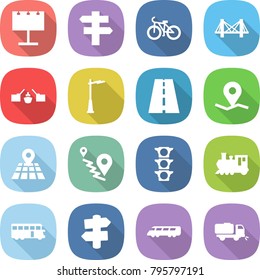 flat vector icon set - billboard vector, singlepost, bike, bridge, drawbridge, outdoor light, road, geo pin, map, route, traffic, train, bus, signpost, speed, sweeper