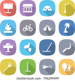 flat vector icon set - billboard vector, market, dome house, outdoor light, flammable, bike, tent, palm, restaurant, golf, rake, sickle, blower, garden cleaning